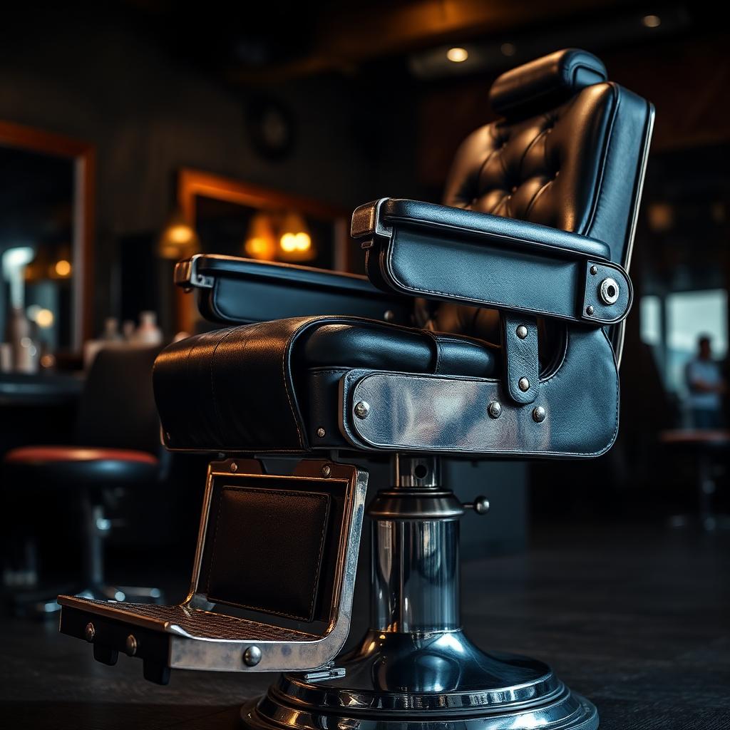 Premium black leather barber chair detail