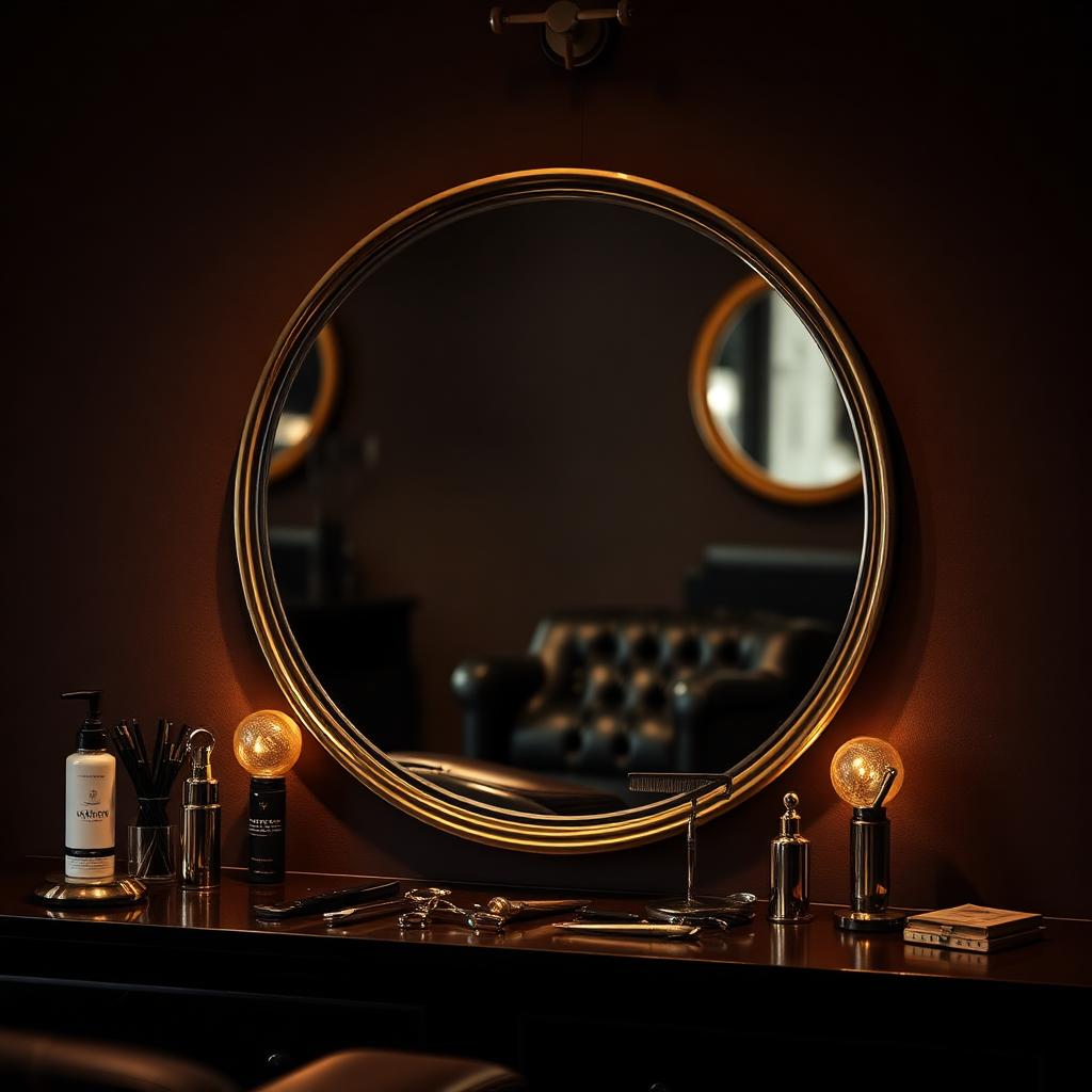 Brass framed mirror station with styling tools