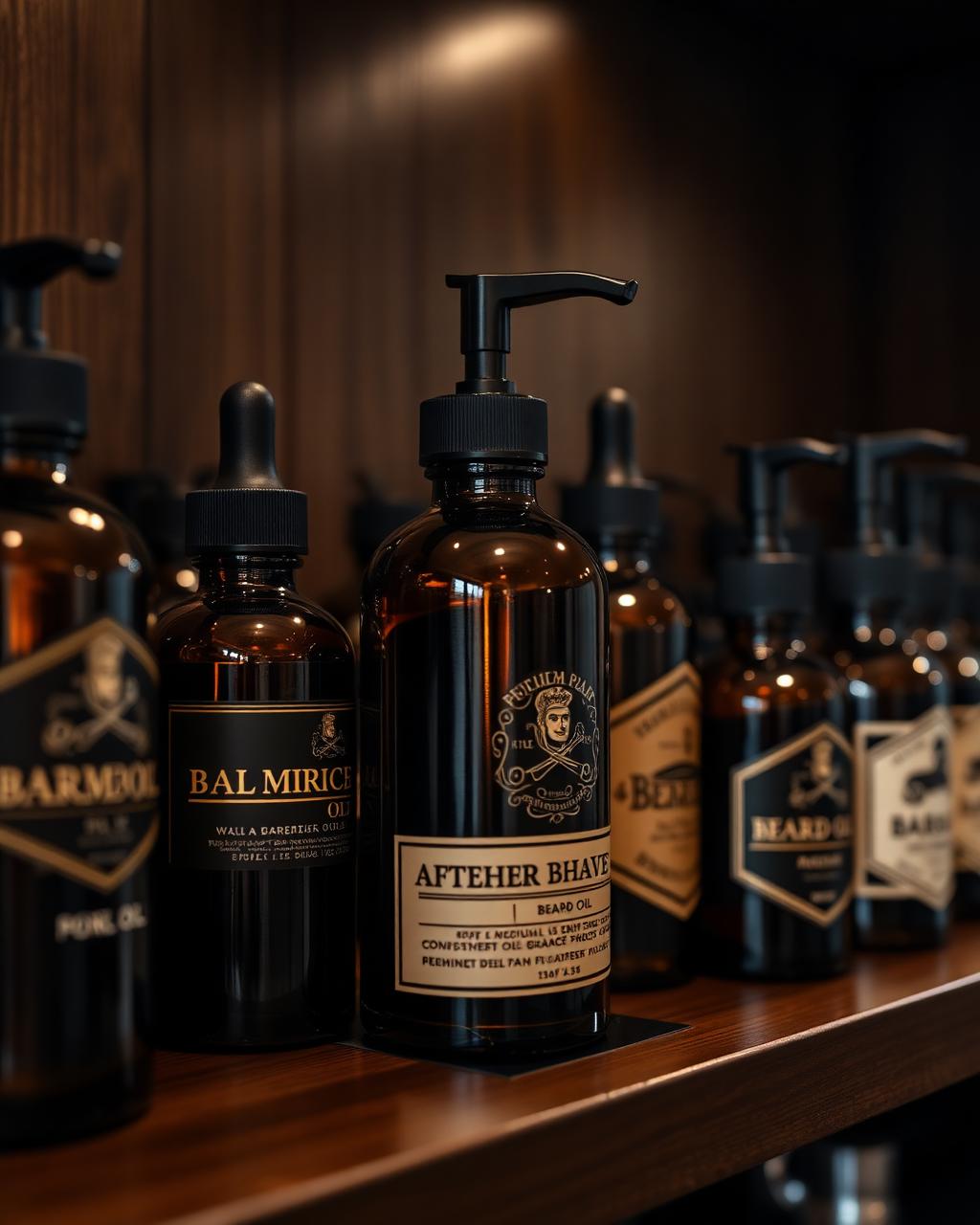 Premium grooming products on dark wood shelf
