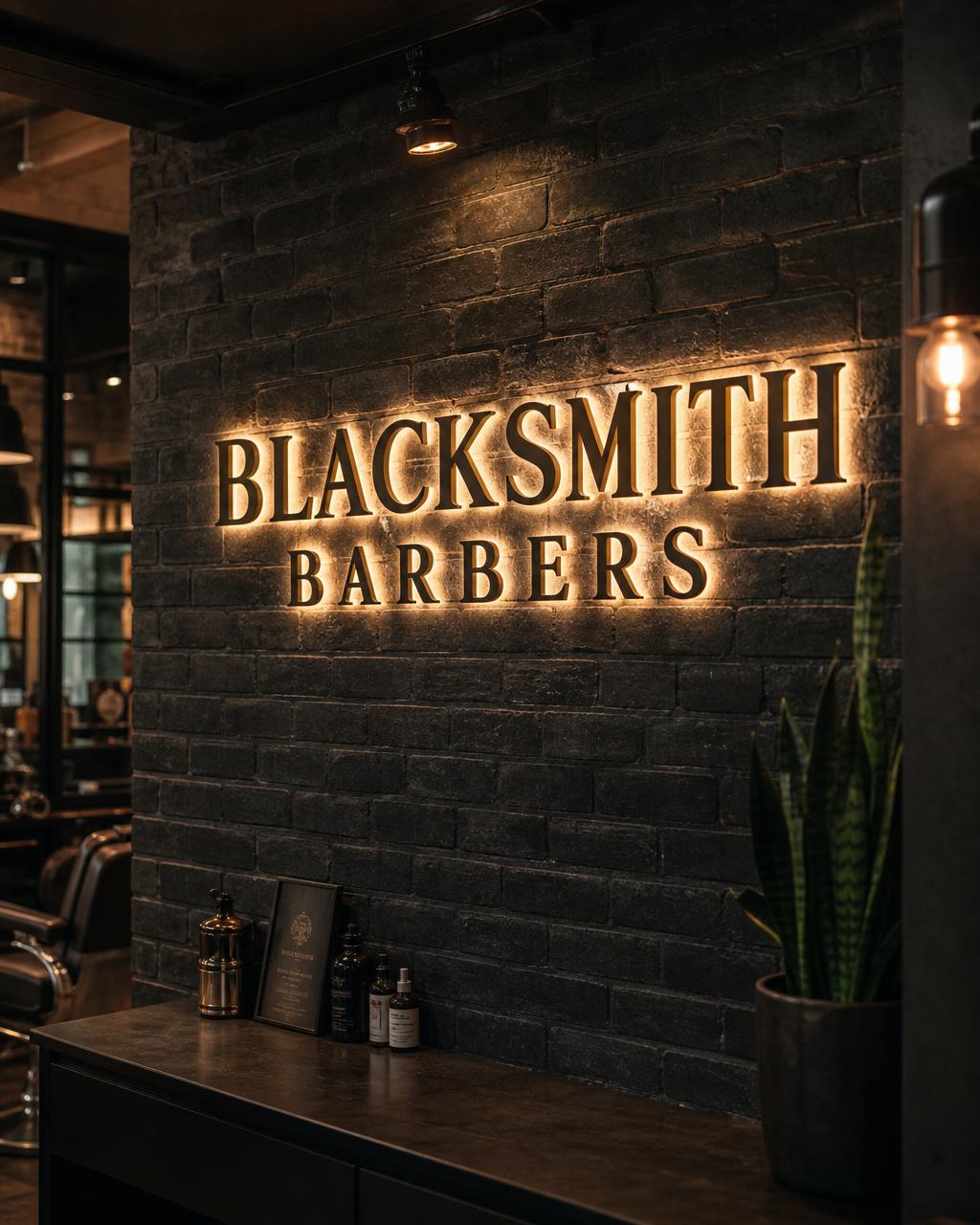 Backlit Blacksmith Barbers wall signage