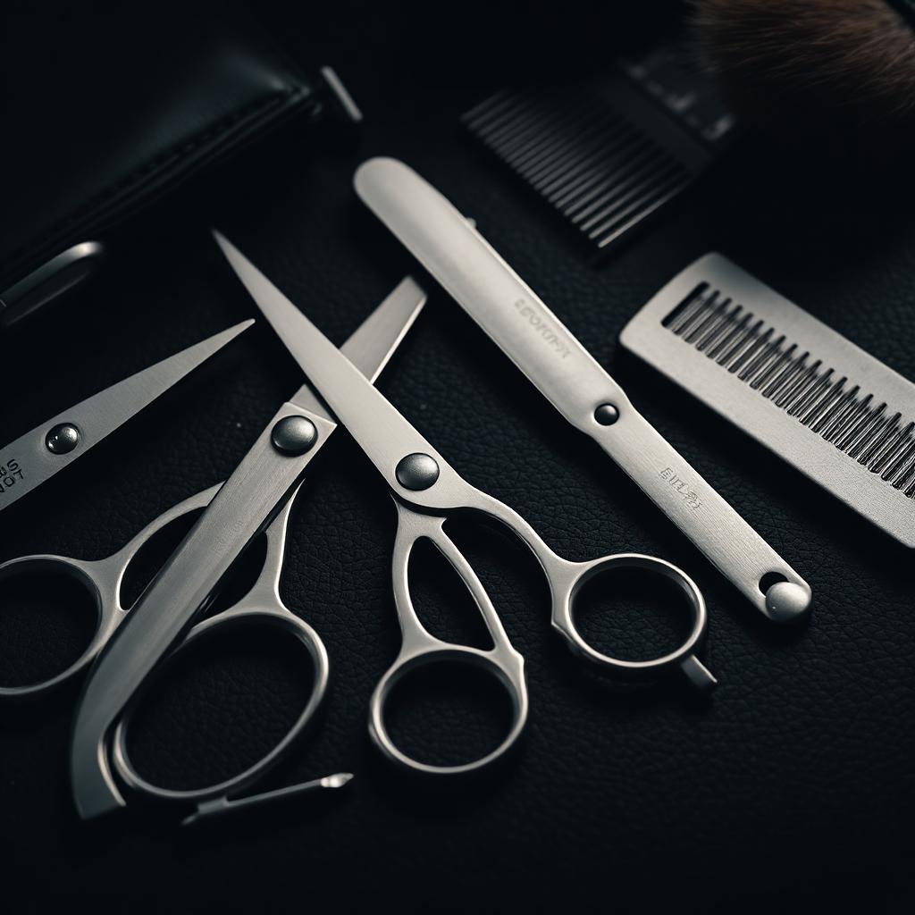 Professional barber scissors, razor and comb